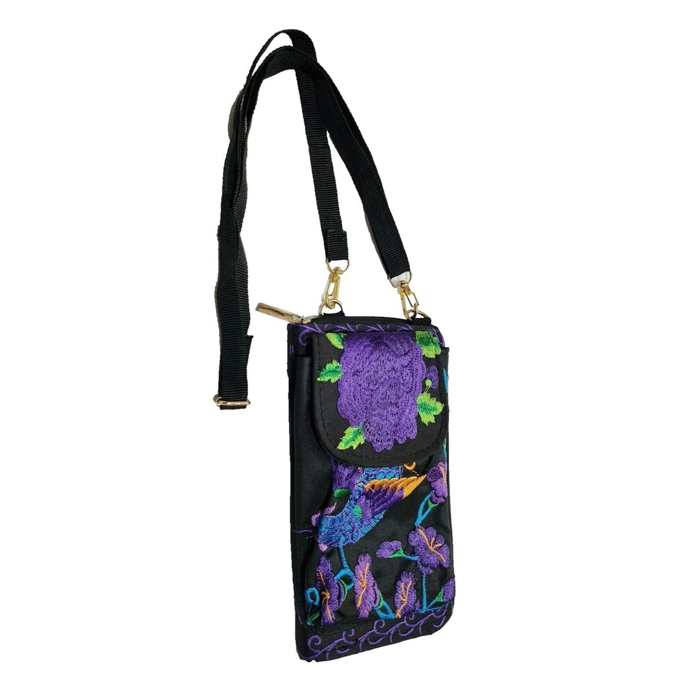 Small Crossbody Embroidered Wallet Purse Black Purple Floral Birds Phone Pocket